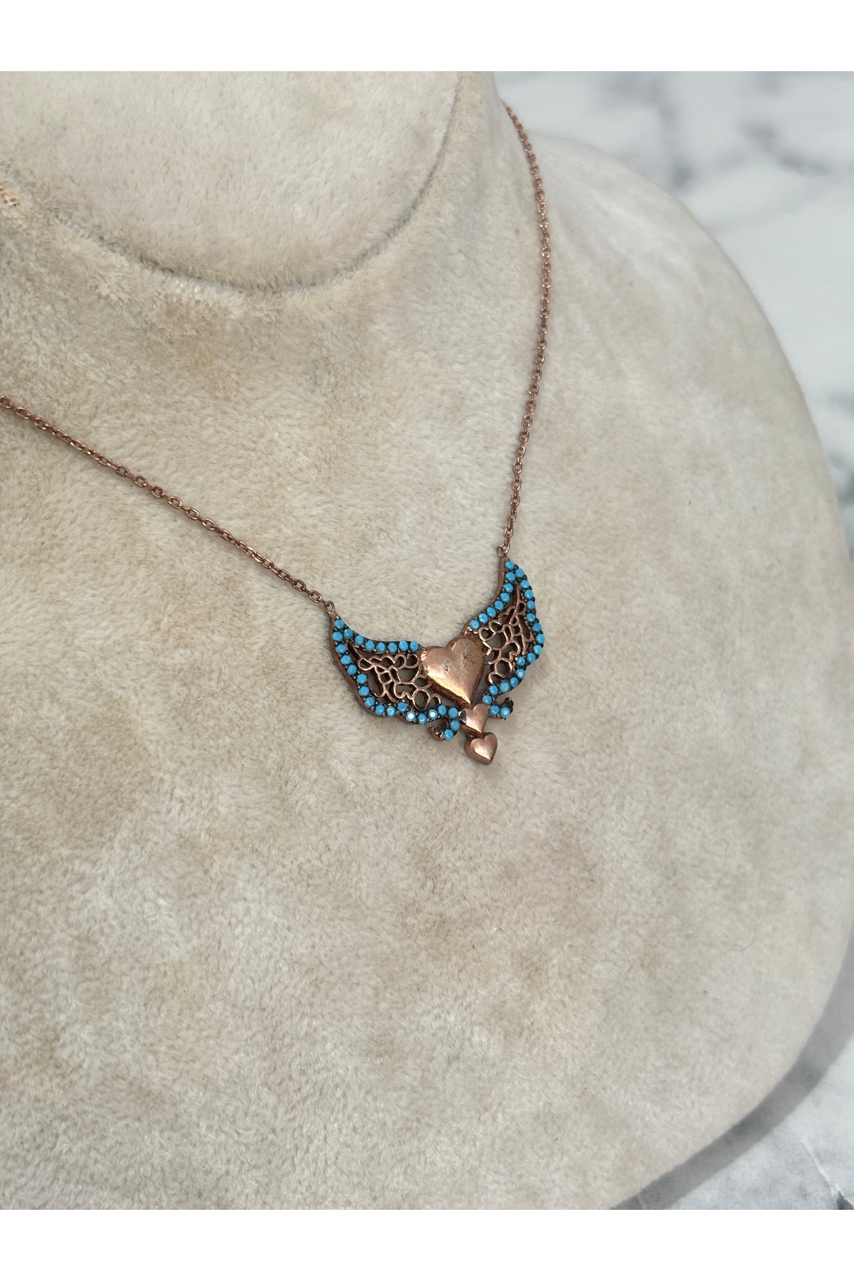925 Ayar Gümüş Taşlı Rose Gold Kanat Modeli Gümüş Kolye