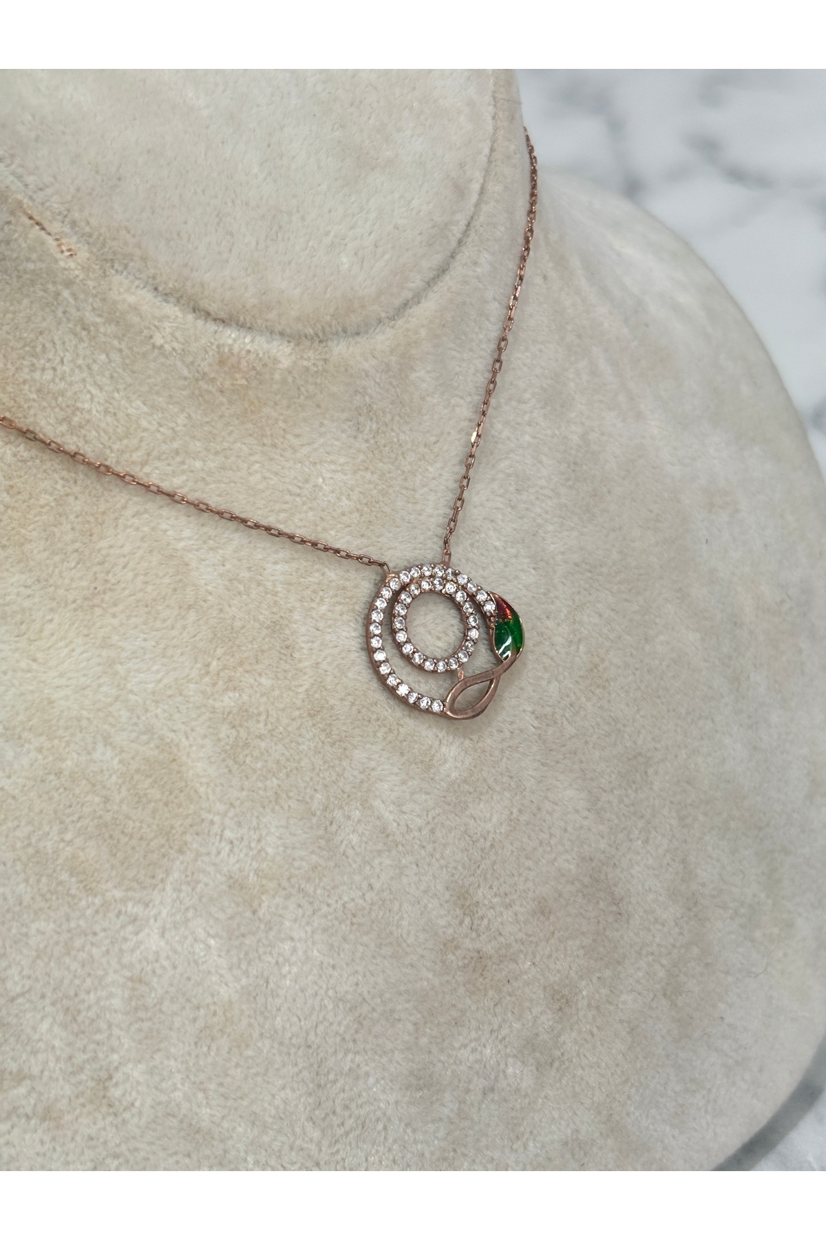 925 Ayar Gümüş Taşlı Rose Gold Sonsuzluk Yuvarlak Modeli Gümüş Kolye