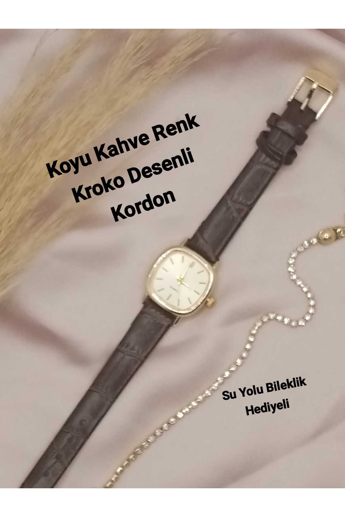 Retro Minimal Koyu Kahve Renk Kordon Kadın Kol Saati Gold Kasa SU YOLU BİLEKLİKLİ bb0021