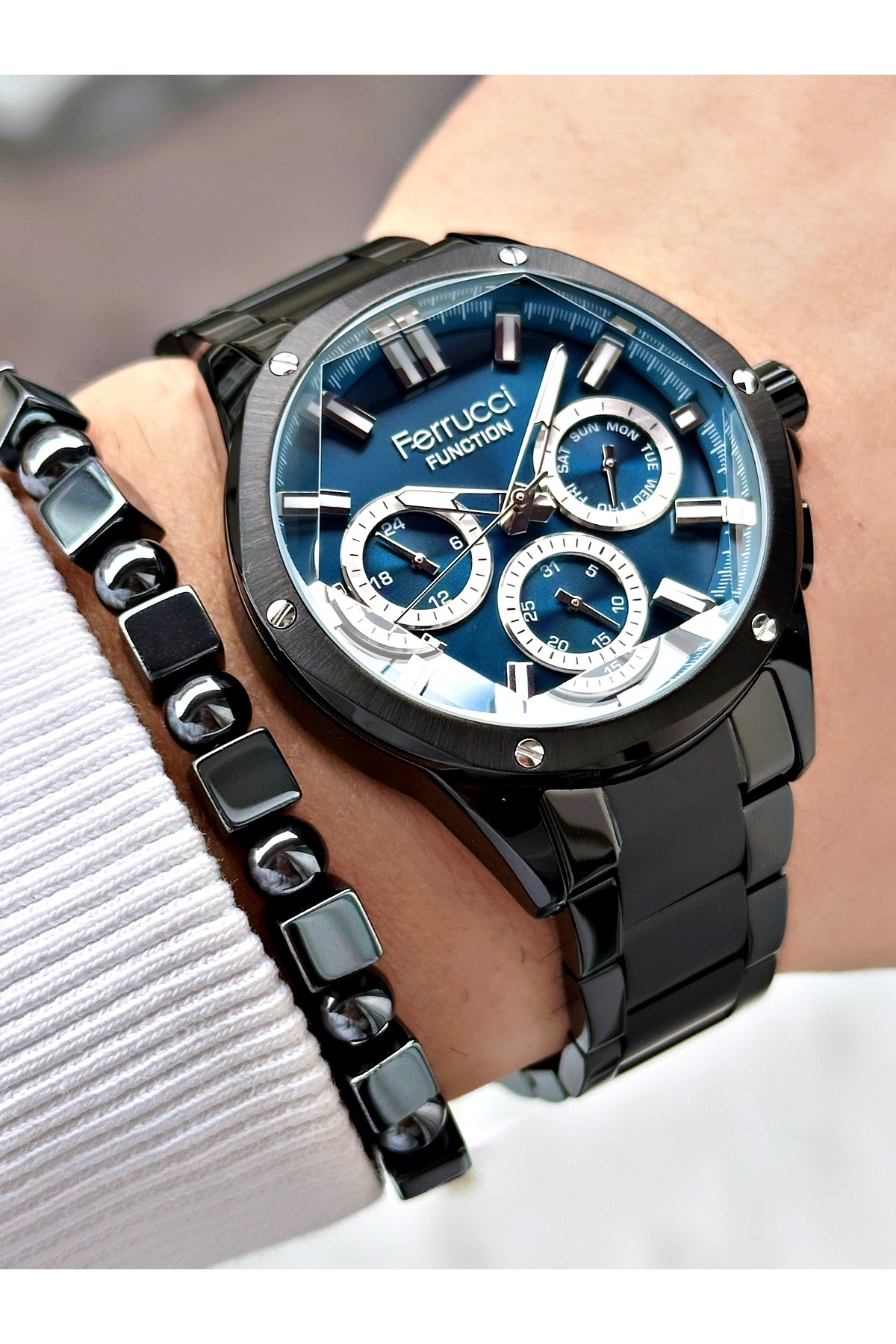 FERRUCCİ LACİVERT KADRANLI FUNCTION SİYAH METAL ERKEK KOL SAATİ