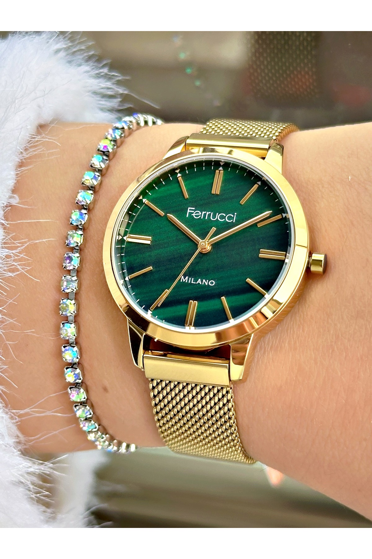 FERRUCCİ YEŞİL KADRANLI GOLD HASIR KADIN KOL SAATİ