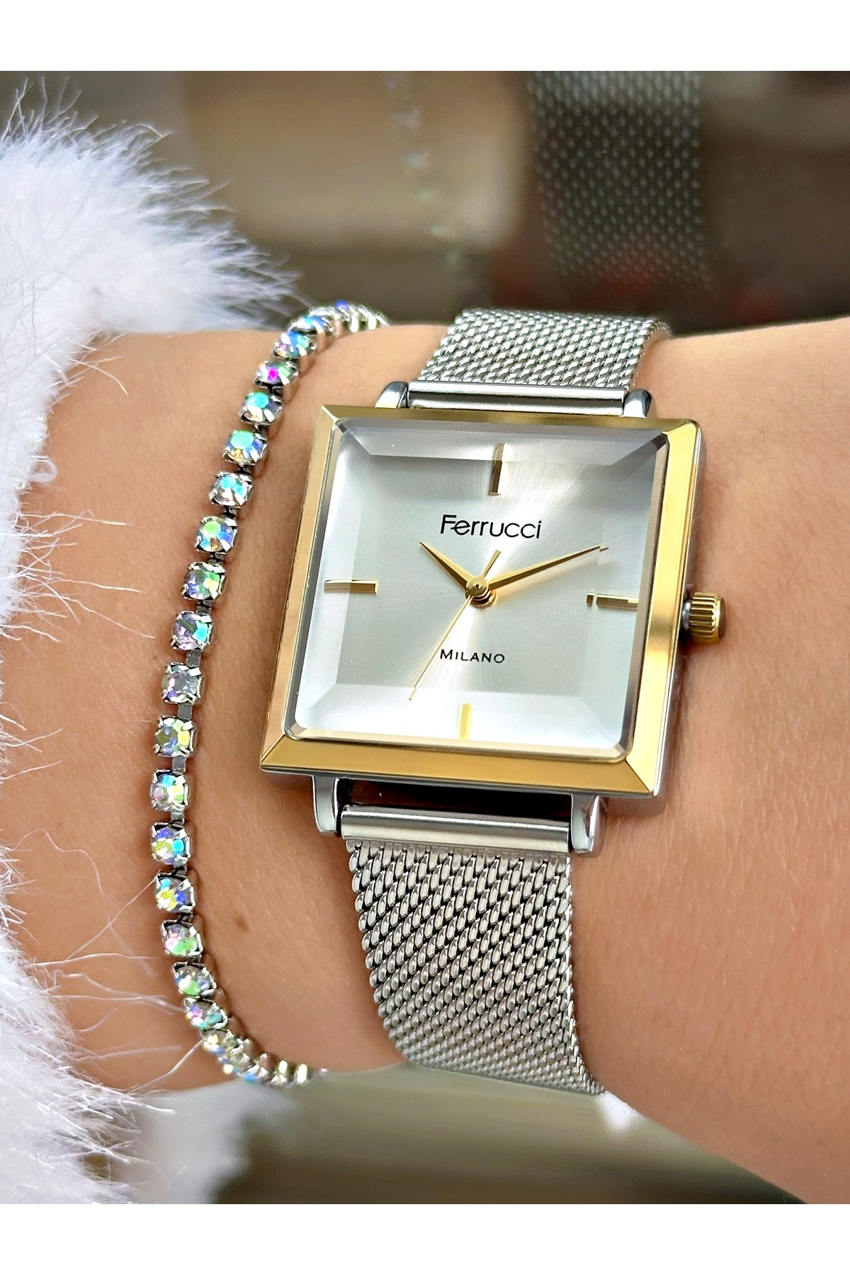 FERRUCCİ KARE KESME CAMLI GOLD GÜMÜŞ HASIR KADIN KOL SAATİ