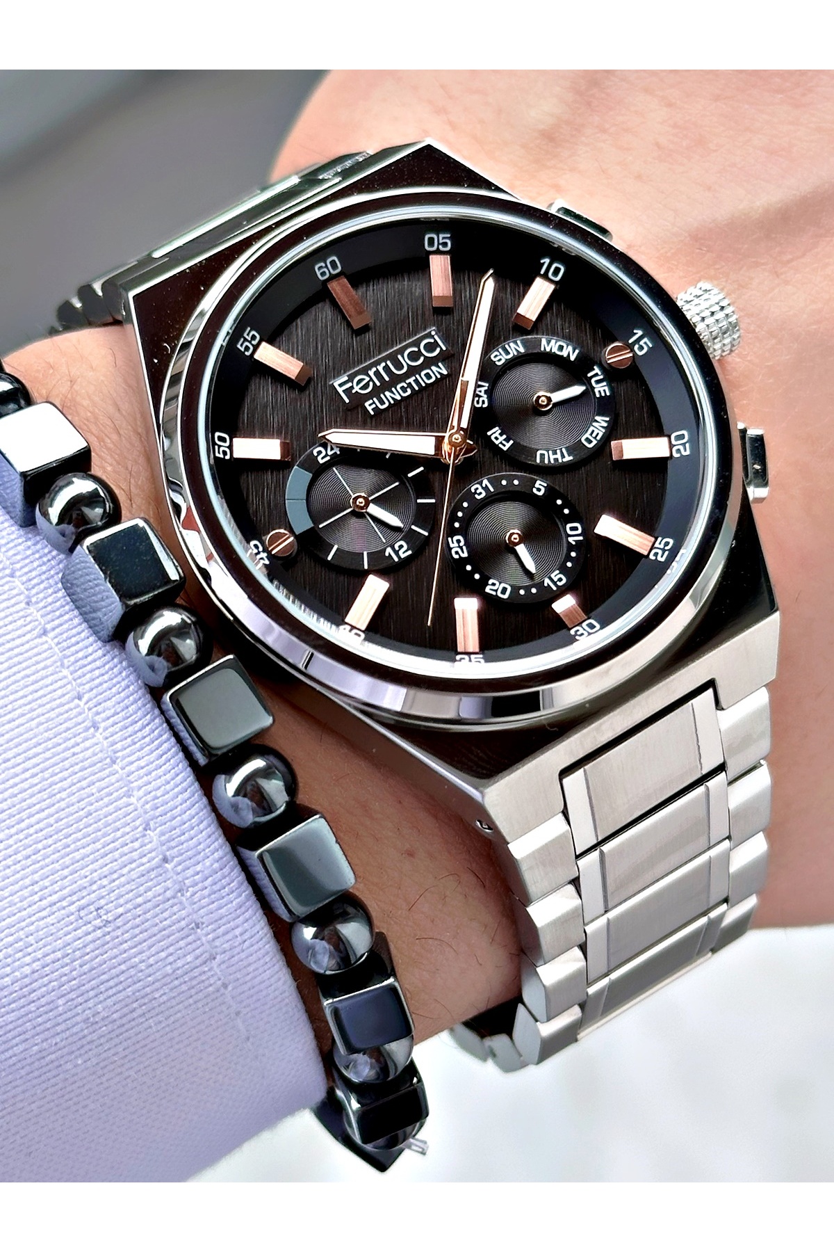 FERRUCCİ FUNCTION SİYAH KADRANLI GÜMÜŞ METAL ERKEK KOL SAATİ