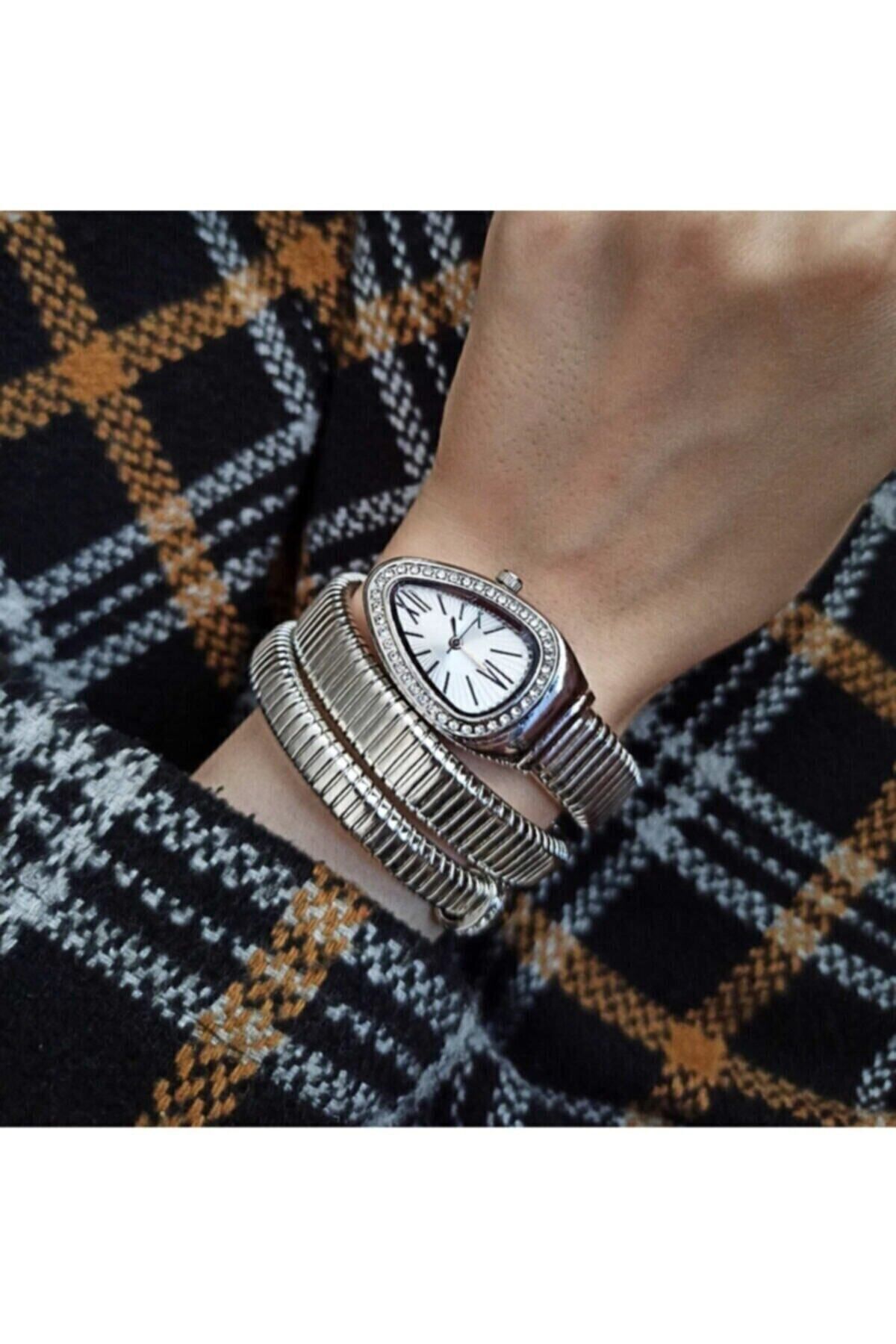 Cpr12373y Gümüş Renk Taşlı Yılan Model Kadın Kol Saati