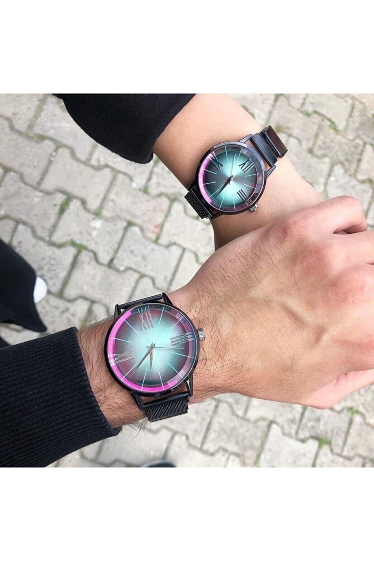 Çift Kol Saati Siyah Hasır Kordon Renkli Cam Sevgili Kadın Erkek Kol Saati