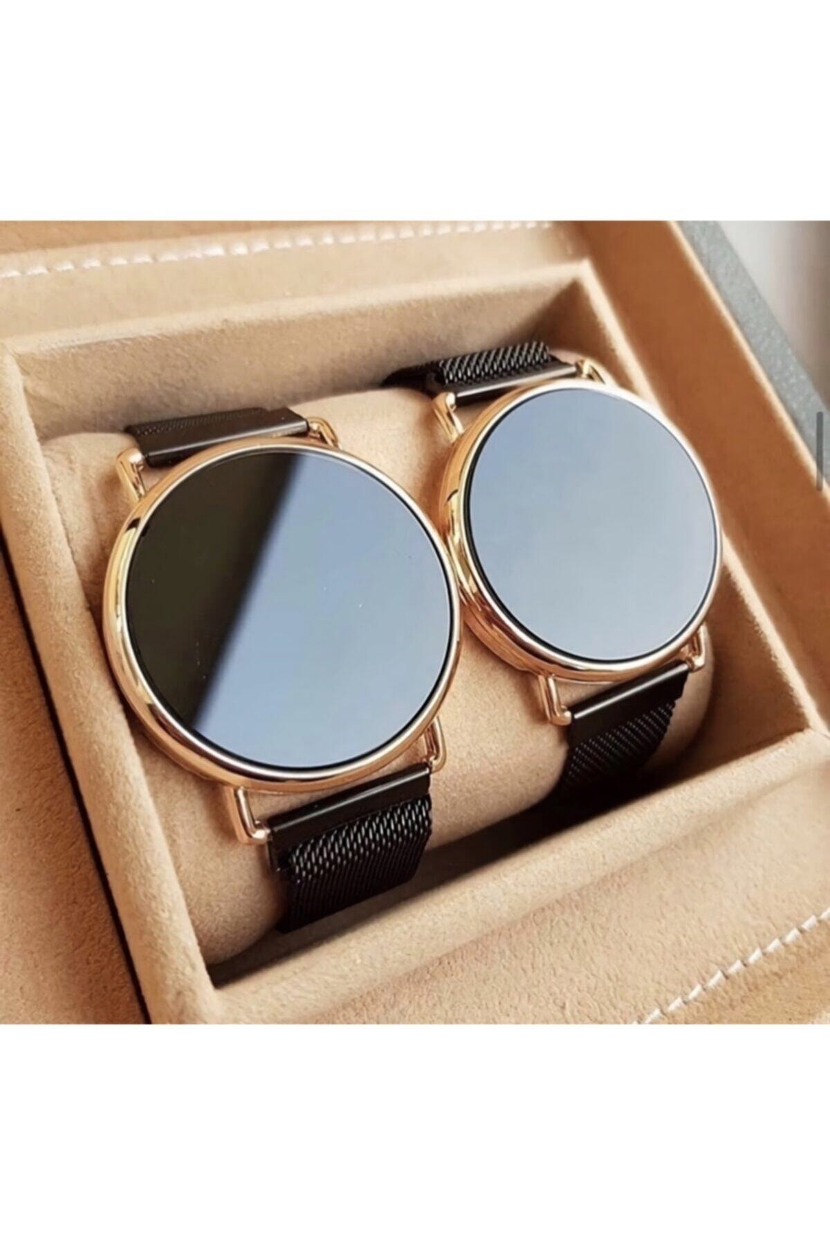 Dijital Dokunmatik Ekran Rose Gold Kasa Mıknatıslı Hasır Kordon Çift Saati