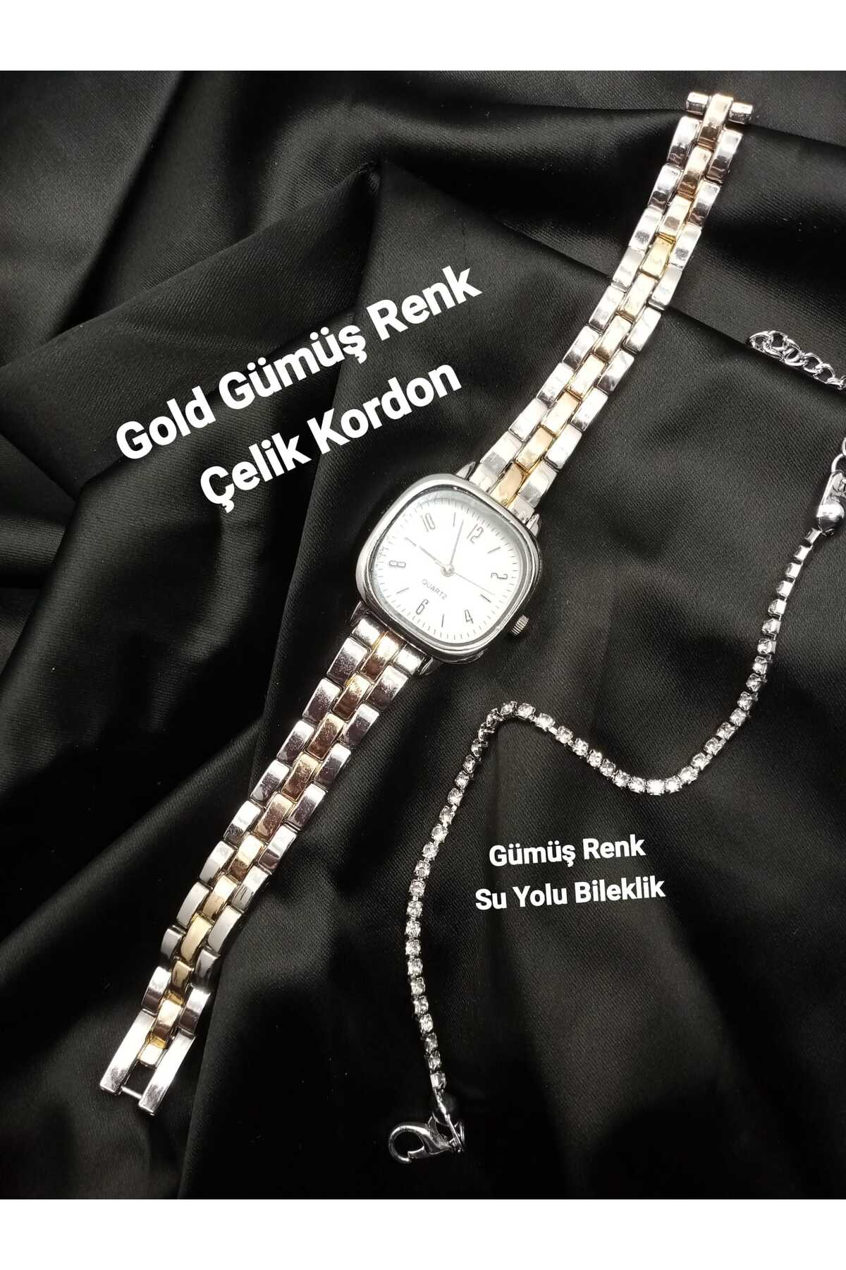 Vitoria Model Gold-Gümüş Renk Kordon Kadın Kol Saati BİLEKLİK HEDİYELİ bb0054