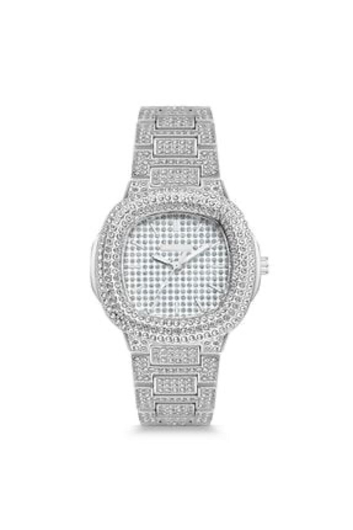 Yüksek Kalite Çelik Kadın Gümüş Taşlı Parlak Kuvars Kol Saati